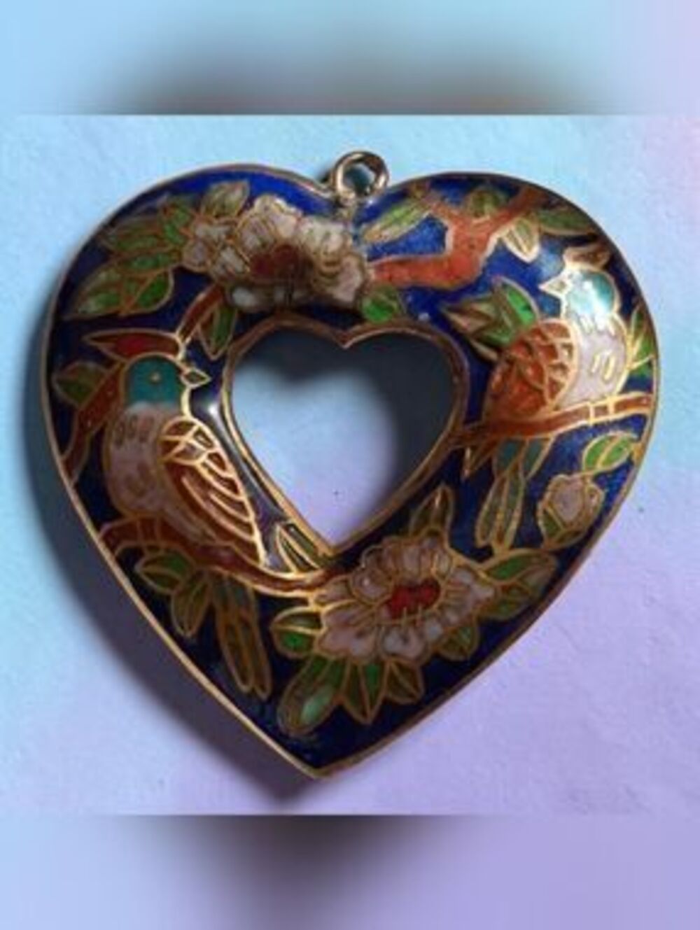 Cloisonn Open Heart Pendant - Blue Floral Bird Design Vintage